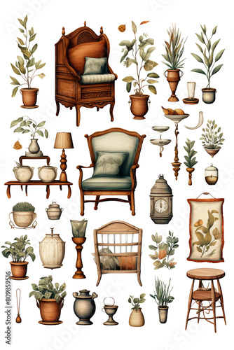 A variety of furniture and home decor items, including chairs, tables, lamps, and plants