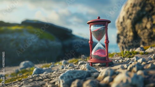 wasting time concept, hourglass or clock, copy and text space, 16:9