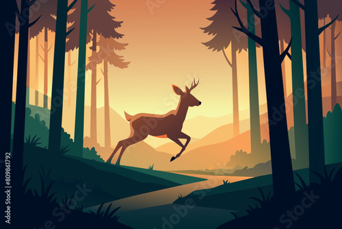 A graceful deer jumps over a path among tall trees as evening falls