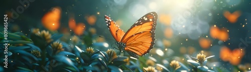 A beautiful monarch butterfly with vibrant orange wings and black and white spots on a green leaf in a lush green garden with a soft blurry background.