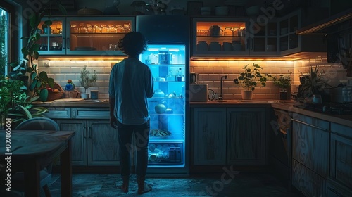 A man stands in front of an open refrigerator, contemplating what to eat