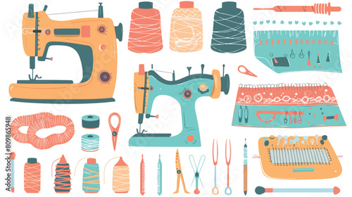 Sewing handicraft. Tools and sewing kit sewing machin