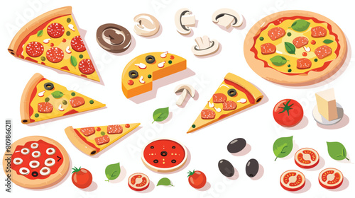 Isometric pizza products. Tomato cheese pepperoni mus