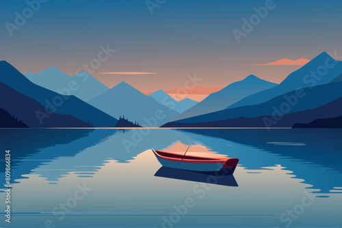A red canoe floats peacefully on a still lake at sunset, with mountain silhouettes