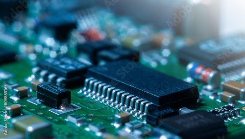 Closeup of Printed Circuit Board with processor, integrated circuits and many other surface mounted passive electrical components.
