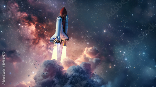 Spaceship takes off into the starry sky. Launch of Space. Elements of this image furnished,Glowing space shuttle with smoke and blast takes in stary sky,Space shuttle in the space near Earth 