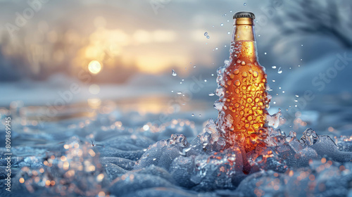 Frozen beer bottle transformed into an elegant ice sculpture, evoking the sensation of a chilled beverage. AI generative technology highlights the icy allure.