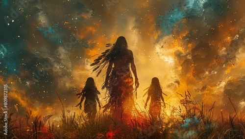A beautiful Native American woman with long black hair and her two children wearing traditional Indian , walking through an abstract painted background