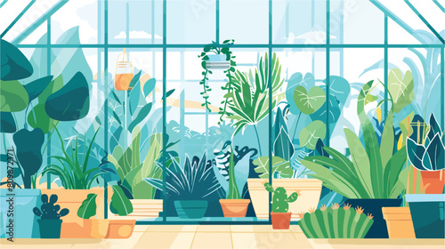 Plants growing in pots or planters inside glass green