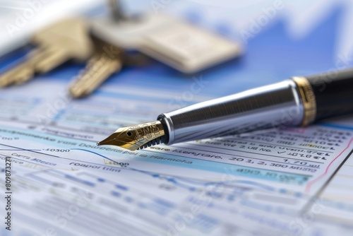 Close-up of a fountain pen signing mortgage documents, with house keys in the background, symbolizing the home buying process.