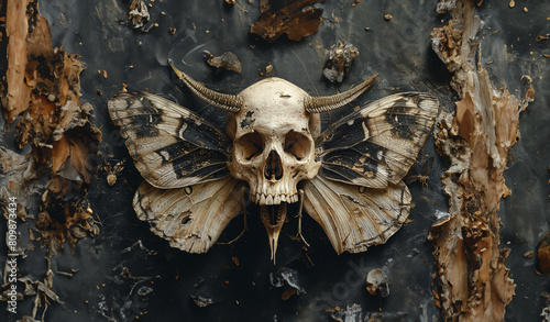 human skull with horns on top of moth wings contained in a circle,