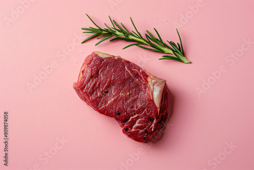 a piece of steak with a sprig of rosemary on a pink background