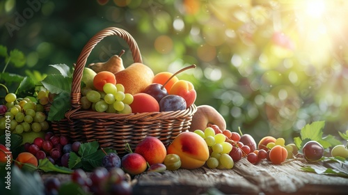 A beautiful wicker basket filled to the brim with a colorful array of ripe fruits such as apples, oranges, grapes, and berries, creating a vibrant and bountiful display