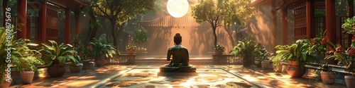 Moonlit Emerald Buddha Statue in Temple Courtyard Tranquil Meditation Scene