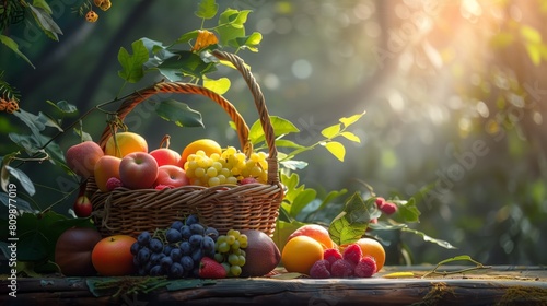 A wicker basket brimming with assorted ripe fruits of various colors and shapes, showcasing natures vibrant bounty