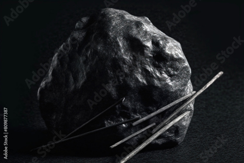 Lodestone is a rare precious natural stone on a black background. AI generated. Header banner mockup with space.
