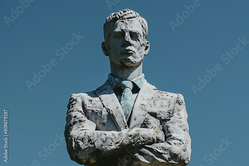 An image of a contemporary businessman turned to stone, resembling the statues of antiquity in Greece