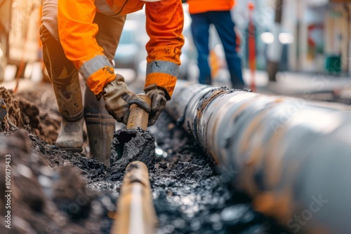 construction worker installing underground utility pipes on city street infrastructure maintenance concept