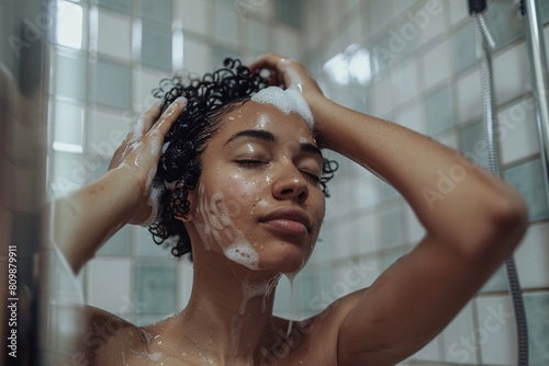 A woman standing in the shower, massaging shampoo into her hair with a serene expression
