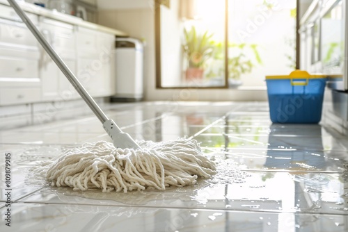 A view of a mop cleaning a tiled floor in a brightly lit kitchen, removing dirt and grime