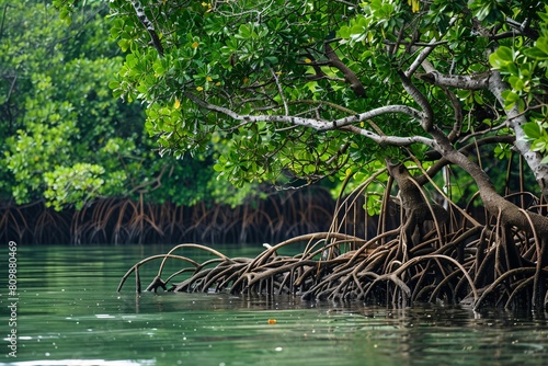 A mangrove forest along coastline with intricate root systems