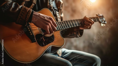 A close-up of a person playing an acoustic guitar. The person is wearing a brown leather jacket and blue jeans.