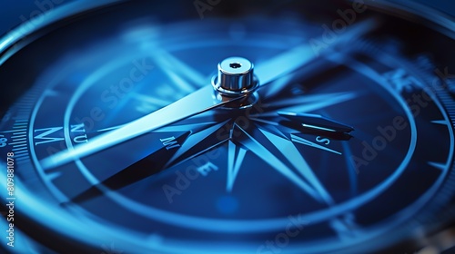 A close-up image of a blue and black compass. The compass is pointing north.