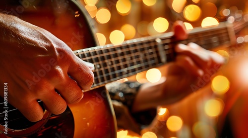 Close-up of a male hand playing an acoustic guitar with blurry warm lights in the background.