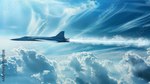 A military plane breaking the sound barrier against a blue, cloudy sky background