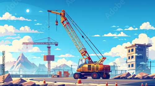 A mobile crane on a road and a tower crane at a construction site