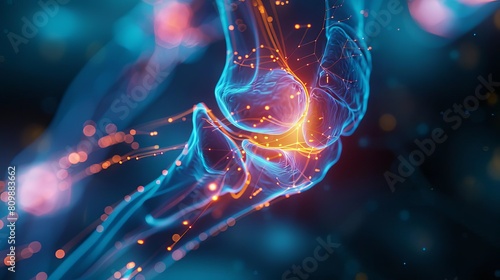 3D illustration of a knee joint with glowing ligaments and tendons in motion, highlighting biomechanical functions
