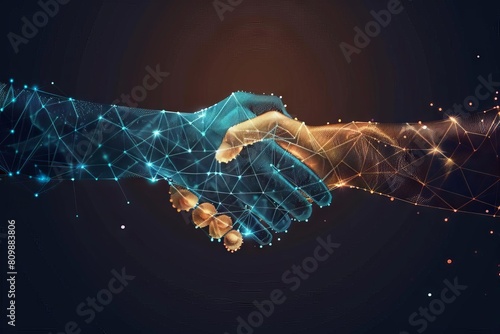 human and digital handshake representing online transaction and agreement virtual connection concept
