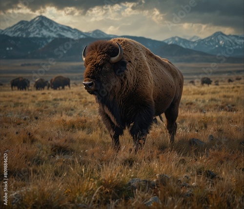 Mighty herd of bison grazing peacefully