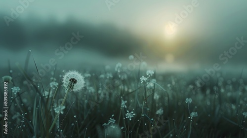 A delicate dandelion seed head glowing with dew against a blurred meadow. Ratio