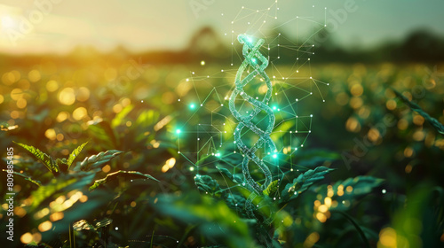 ideas of genetic modification of plants represented by the glowing 3D DNA helix, set in a lush green crop field bathed in warm sunlight/dawn.
