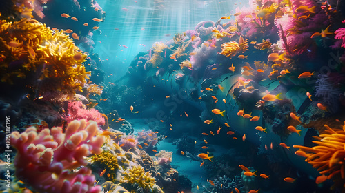Showcase the underwater environment where submarine cables are installed, with colorful coral reefs and diverse marine life coexisting alongside the