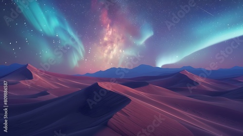 A desert landscape with surreal dunes, illuminated by a starry sky and swirling auroras in 8K resolution