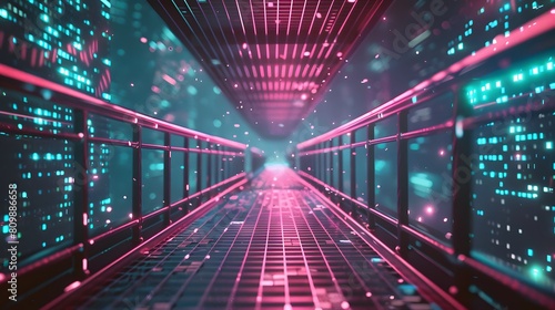 A digital-inspired neon bridge with holographic-like projections along the railings, giving the appearance of a digital grid.