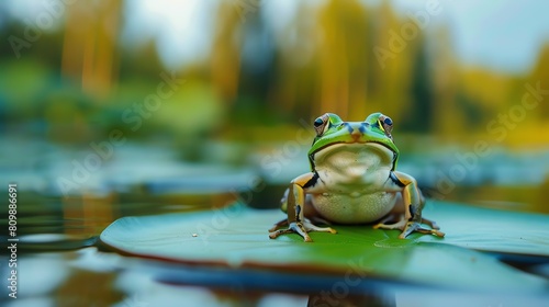 A green frog sits on a lily pad in a pond. The frog is looking at the camera. The background is blurred.