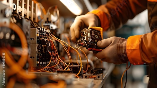 Engineer measures current and voltage in electrical circuit breaker wiring system. Concept Electrical Engineering, Circuit Breaker, Current Measurement, Voltage Measurement, Wiring System
