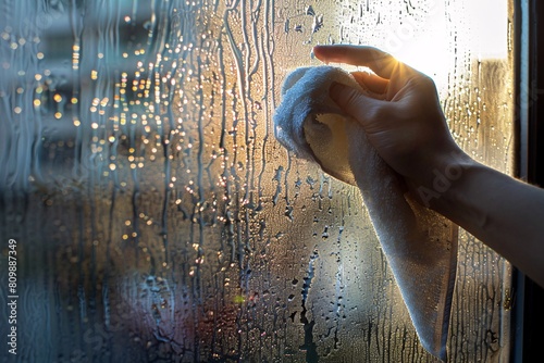 An intimate shot capturing someone wiping down a smudged glass window with a soft cloth, sunlight streaming in, highlighting cleanliness and clarity