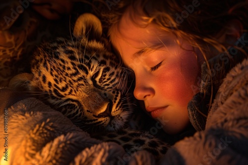 An intimate close-up image of a peacefully sleeping child snuggled up with a dozing leopard cub, illuminated by the soft light of a campfire, radiating warmth and curiosity