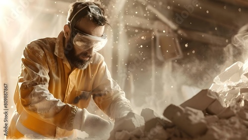 Unprotected industrial worker handling asbestos representing occupational hazards and mesothelioma risks. Concept Industrial Hazards, Asbestos Exposure, Occupational Health, Mesothelioma Risks