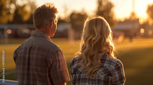 A couple wearing plaid shirts standing on the sidelines of a sports field, observing a game at sunset.