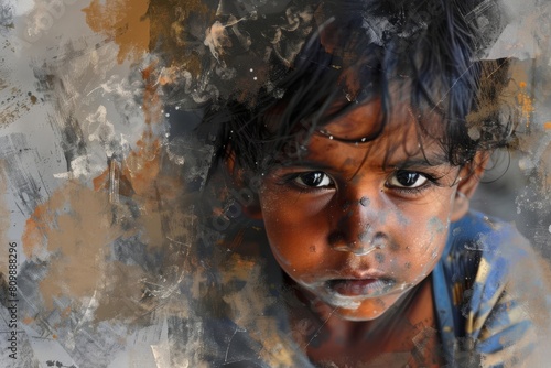 starving poor child with hungry expression looking at camera poverty and hunger concept digital painting
