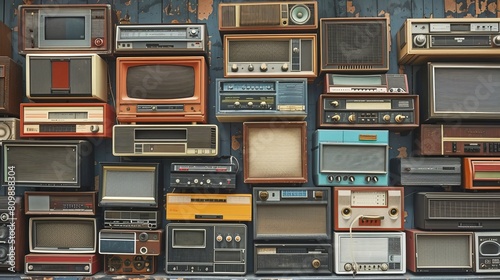 A vintage wall adorned with numerous radio boomboxes from the 1980s