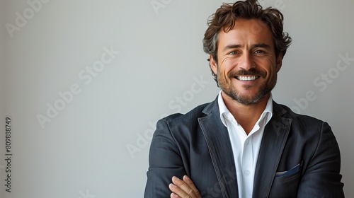 Businessman with an engaging smile, confidently dressed in a tailored suit against a clean, light background