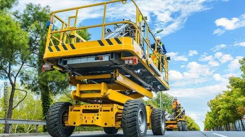 A yellow self-propelled articulated boom lift and a scissor lift positioned on a street lined with trees and sky in the background