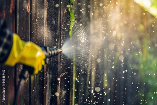 A detailed close-up of hands operating a Karcher pressure washer to clean a stained fence, dirt splattering, highlighting effectiveness and diligence