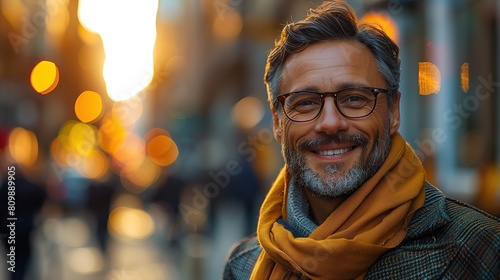Man wearing glasses and a yellow scarf, captured against a backdrop of golden hour city lights, exuding warmth and charisma